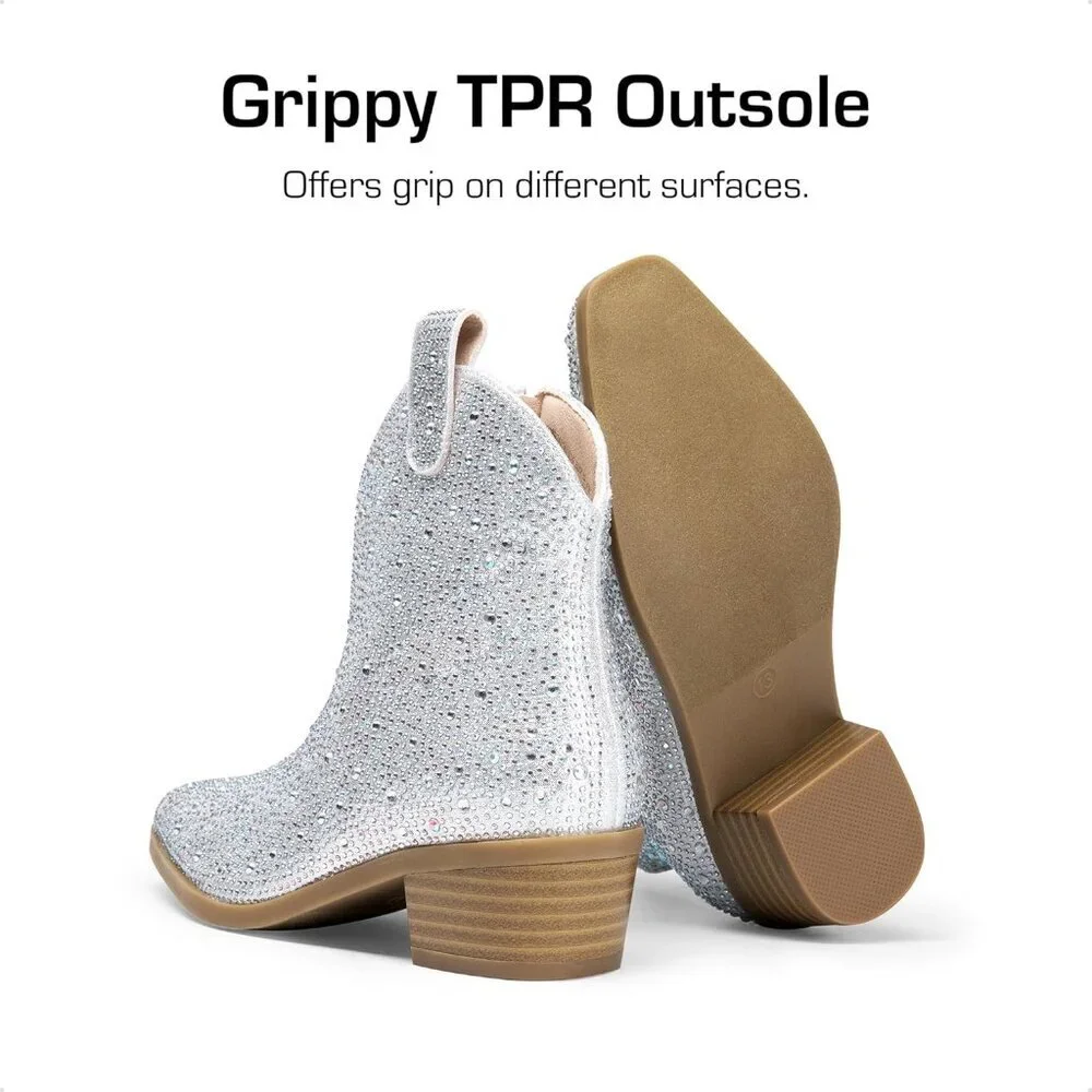 ⚡Girls Silver Cowgirl Rhinestone Zipper Boots Ankle Low Heel Dress Booties